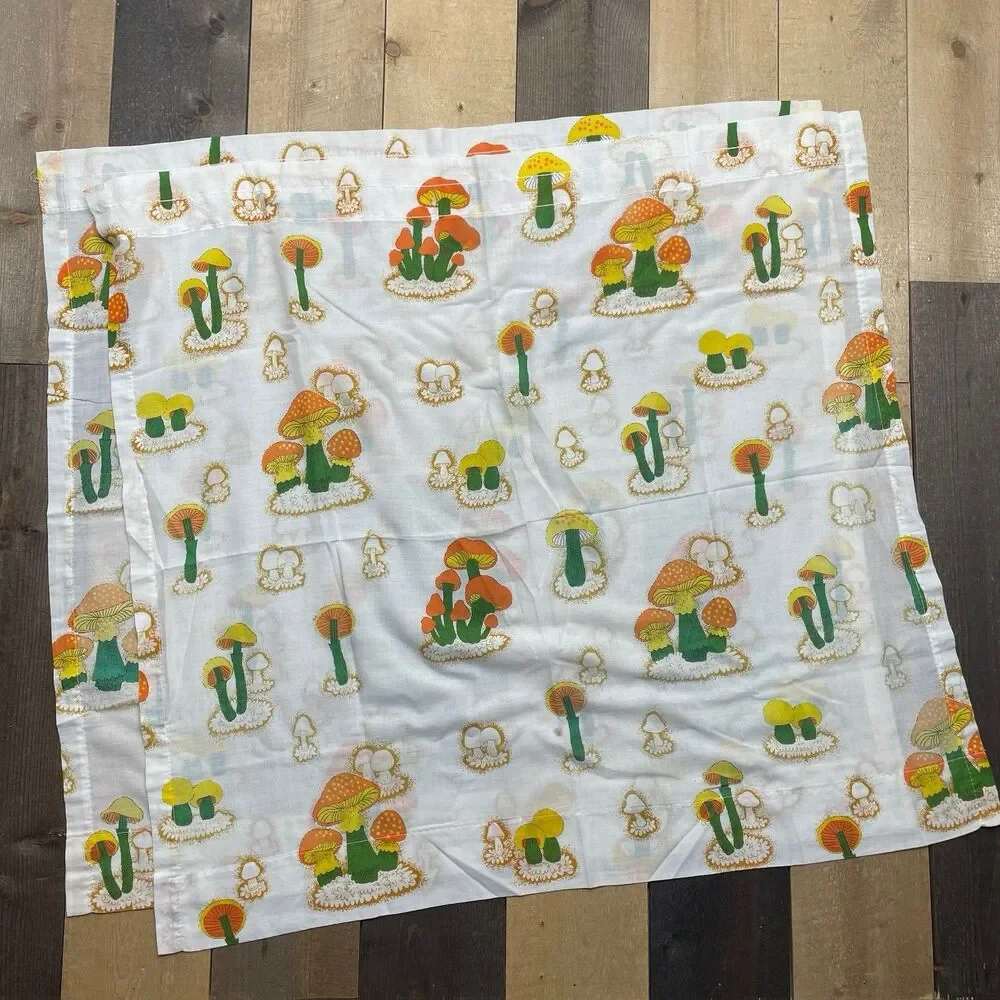 Vintage Sears Merry Mushroom Kitchen Curtains Two Panels 1970's - Approx: 29x32